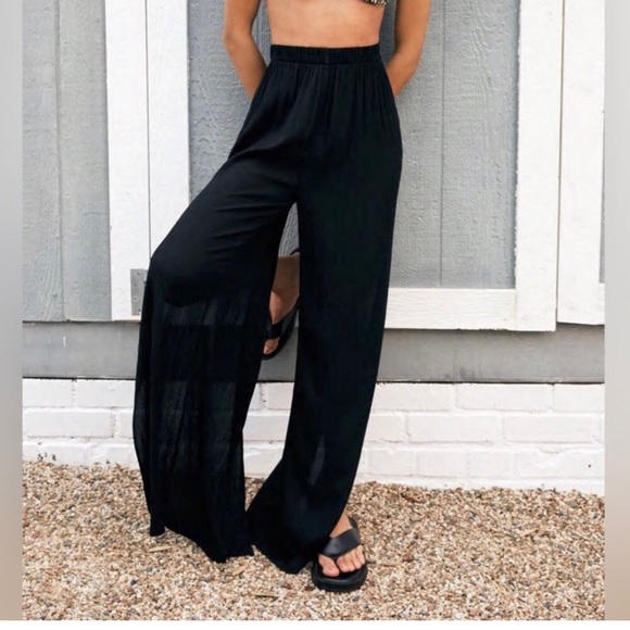 NastyGal Black Eco Vero Viscose Crinkle Split Leg Cover Up Pants - Picture 2 of 5